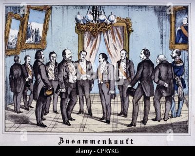 Napoleon III., 20.4.1808 - 9.1.1873, Kaiser der Franzosen - 1870, Szene, Treffen mit Wilhelm I. von Preßburg, Baden-Baden, Deutschland, 16.6.1860, Farblithograph, 19. Jahrhundert, Stockfoto