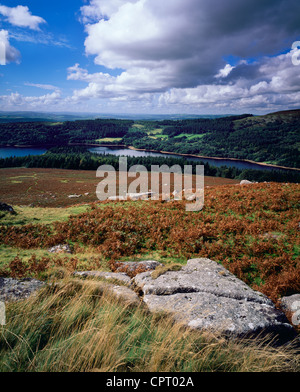 Spätsommerblick über den Burrator Reservoir vom Sheeps Tor im Dartmoor National Park, Devon, England. Stockfoto