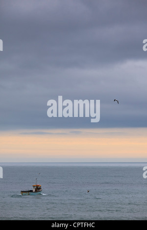 Einsamer Fischerboot Position heraus zum Meer bei Bier, Devon, UK Stockfoto