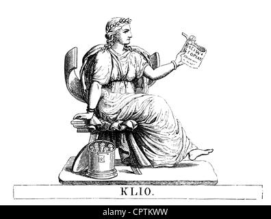 Musen, Schützlinge der schönen Künste in der griechischen Mythologie, Clio, Muse der Geschichtsschreibung, Holzgravur, 19. Jahrhundert, Stockfoto