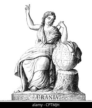 Muse, die Schützlinge der schönen Künste in der griechischen Mythologie, Urania, Muse der Astronomie, Holzgravur, 19. Jahrhundert, Stockfoto