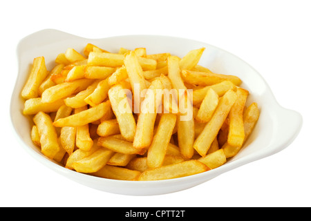 Eine Schüssel mit Pommes frites oder Chips, isoliert auf weiss mit Clipping-Pfad zur Verfügung gestellt. Stockfoto
