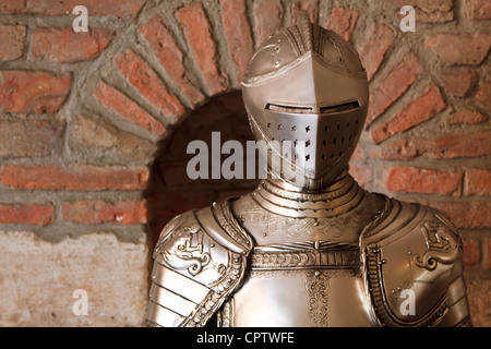 Ein Ritter Rüstungen mit glänzendem Metall und reich verzierten Schild und Schwert Stockfoto