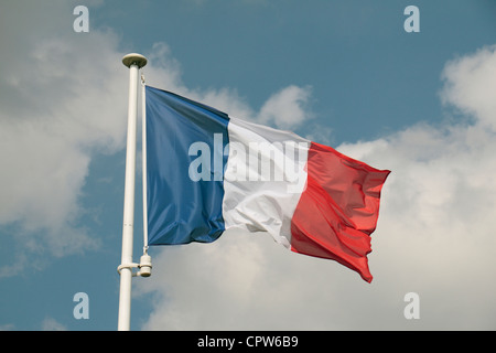 Die französische Trikolore gegen einen blau, bewölkten Himmel auf dem französischen National Cemetery bei Buzy Darmont, Lothringen, Frankreich. Stockfoto