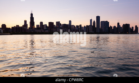 Skyline von Chicago aus der alten Sternwarte bei Sonnenuntergang mit Ente Stockfoto