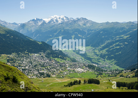 Ansicht von Verbier hoch über Verbier, Schweizer Berge, Schweiz Stockfoto