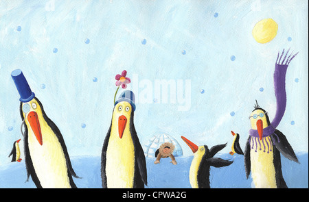 Acryl Bild einer Gruppe von dumme Pinguine Stockfoto