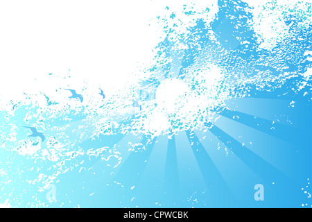 Zusammenfassung Hintergrund des blauen Himmels mit Vögel und Sonne. Simulation der Reflexion auf dem Wasser. Zeichnung in blau-weißen Tönen. Stockfoto