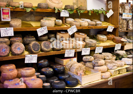 Italienische Handwerker Käseladen Del Bottega Naturista in Corso Rossellino und Pecorino Stagionato im Alter Käse, Pienza Toskana Italien Stockfoto