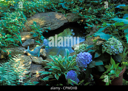 Fischbrunnen im Garten-Pool umgeben von Schatten-Pflanzen (Farne, Hortensien und Hosta) mit fließendem Wasser, Missouri USA Stockfoto