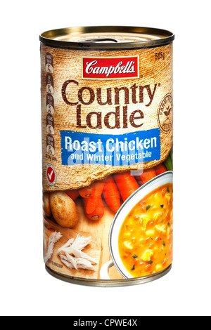 Eine Dose Campbells Land Label gebratenes Huhn und Winter Vegetable Soup Stockfoto