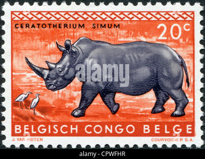 Belgisch-Kongo - ca. 1959: Briefmarken gedruckt in Belgisch-Kongo, zeigt eine weißen Nashorn, ca. 1959 Stockfoto