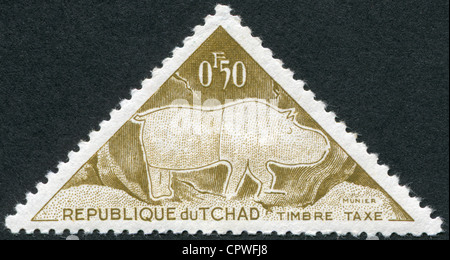 Tschad - ca. 1962: Briefmarken gedruckt im Tschad, zeigt ein Nashorn, ca. 1962 Stockfoto