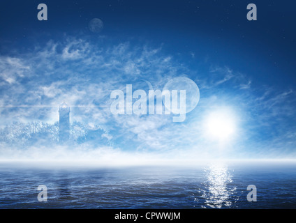 Schöne Nachtlandschaft der Fantasy-Welt mit nebligen Meer, Sonne, Planeten und gespenstische Leuchtturm Stockfoto