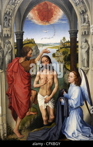 Gotische Kunst. Flandern. Rogier van der Weyden. Saint John Baptist Altarbild, 1455-1460. Die Taufe Christi. Stockfoto