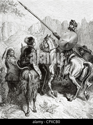 Don Quijote von Miguel de Cervantes. Don Quixote, Sancho und die Prinzessin Dorotea. Von Doré. Stockfoto