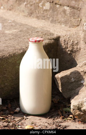 Einem halben Flasche Milch vor Haustür Stockfoto