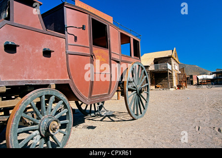 Spanien, Andalusien, Provinz Almeria, Tabernas-Wüste, Ankunft der Postkutsche in der Straße von Texas Hollywood Stockfoto