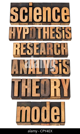 Collage von isolierten Wörtern in Vintage Buchdruck Holzart - Hypothese, Forschung, Analyse, Theorie, Modell Stockfoto