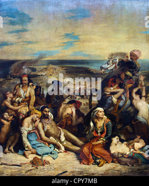 Szene der Massaker von Scio, griechische Familien kümmern sich um die Verwundeten oder Toten, Eugene Delacroix 1824 Musée du Louvre Paris Frankreich Stockfoto