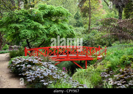 Orientalische rote Brücke in Abbotsbury Subtropical Gardens, Dorset, England Stockfoto