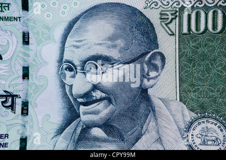 Bild von Gandhi auf einer 100 Rupie Währung Rechnung (hochauflösend) Stockfoto