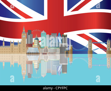 Skyline von London mit britischen Union Jack Flag Hintergrund Illustration Stockfoto