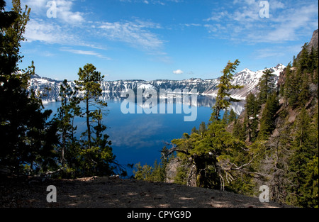 Einen malerischen Blick auf den Kratersee, Oregon, USA (7. tiefste See der Welt) mit Cloud Reflexionen auf dem See. Aufgenommen im Juni. Stockfoto