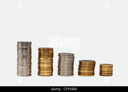 Haufen Geld Münzen auf weißem Hintergrund Stockfoto