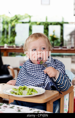 Junge (15 Monate alt) Kiwifrucht mit einer Gabel gegessen Stockfoto