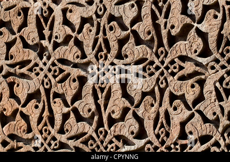 Steinschnitzereien am Qutb Minar Minarett, UNESCO-Weltkulturerbe, New Delhi, Indien, Asien Stockfoto