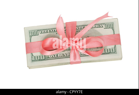 ein Bündel von US-Dollar mit rosa Schleife Stockfoto