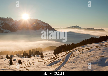 Alpstein-Massivs mit Mt Säntis und eine Alm in Schnee bedeckt, Appenzeller Alpen, Schweizer Alpen, Schweiz, Europa Stockfoto