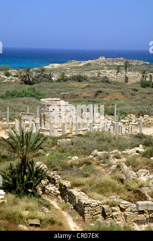 Libyen, Tripolitanien, Al Marqab, römische Stätte von Leptis Magna oder Lepcis Magna, aufgeführt als Weltkulturerbe der UNESCO, dem Markt Stockfoto