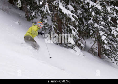 Skifahrer, die verschneiten Hang hinunter rodeln Stockfoto
