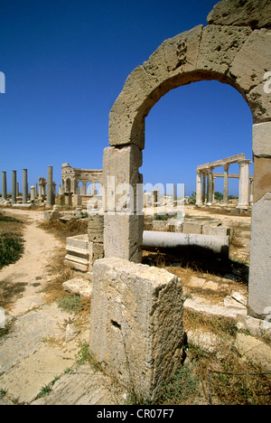 Libyen, Tripolitanien, Al Marqab, römische Stätte von Leptis Magna oder Lepcis Magna, aufgeführt als Weltkulturerbe der UNESCO, dem Markt Stockfoto