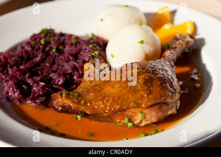 Entenkeule mit rotem Kohl und Kartoffel Knödel Stockfoto