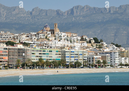 Blick vom Hafen auf die Altstadt mit der Kirche von Nuestra Señora del Consuelo, Altea, Costa Blanca, Spanien, Europa Stockfoto