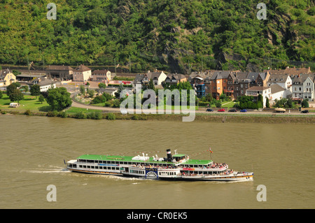 Raddampfer auf dem Rhein bei St. Goarshausen, Rheinland-Pfalz, Deutschland, Europa Stockfoto