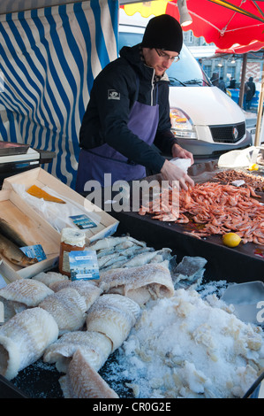 Rennes, ist "Marché des Lices" Frankreichs zweitgrößte Markt jeden Samstag Massen von Kunden Herde, frischen Lebensmittel zu kaufen Stockfoto