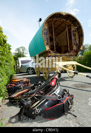 Reisende, die Montage für den Appleby Horse Fair  Bogen top traditionellen Wohnwagen und Kutschen und Wagen. Stockfoto