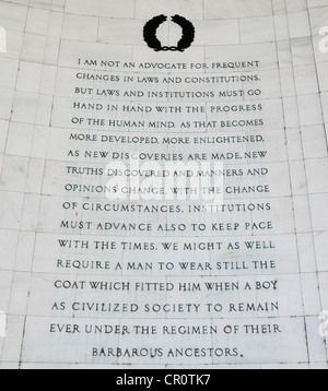 Von Jefferson, Kercheval - Inschrift auf dem südöstlichen Quadranten des Jefferson Memorial in Washington, DC. Stockfoto