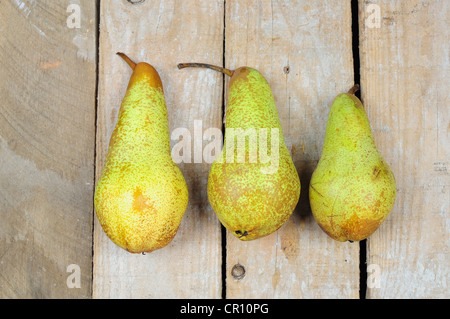 Drei Birnen auf hölzernen Hintergrund angeordnet Stockfoto
