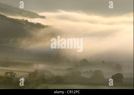 Nebel, klammerte sich an den Hängen der Mendip Hills, Somerset, UK. Stockfoto