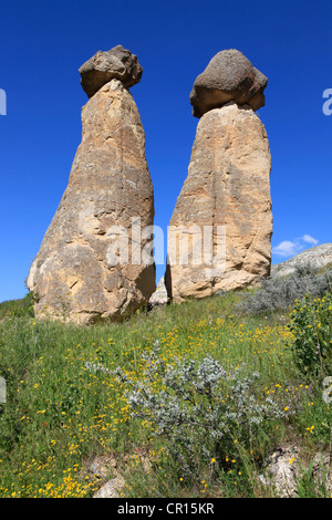 Feenkamine, Felsformationen aus Tuffstein in der Nähe von Cavushin, Göreme, Kappadokien, Zentral-Anatolien, Türkei Stockfoto