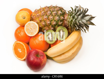 Obst-Sortiment, Ananas, Kiwi, Orangen, Bananen, Apfel Stockfoto