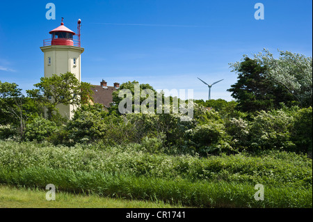 Leuchtturm auf dem Deich, Westermarkelsdorf, Insel Fehmarn, Ostsee, Schleswig-Holstein, Deutschland, Europa Stockfoto