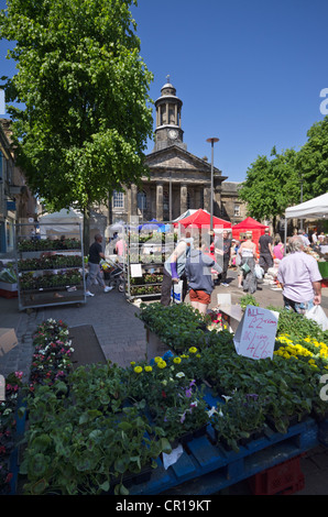 Samstagsmarkt am Market Square Market Street Lancaster mit Blume Stand und Altstädter Rathaus, jetzt ist die Stadt Museum Stockfoto