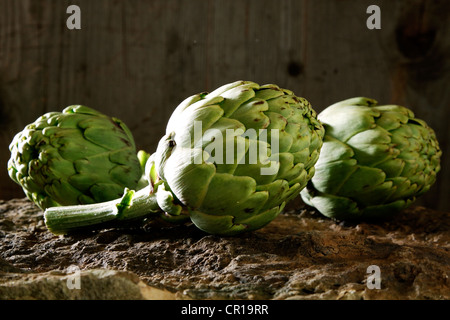 Drei Artischocken (Cynara Cardunculus) auf einer Steinplatte Stockfoto