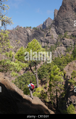 Frau Wandern auf Tour in den Nationalpark Caldera de Taburiente, La Palma, Kanarische Inseln, Spanien, Europa Stockfoto